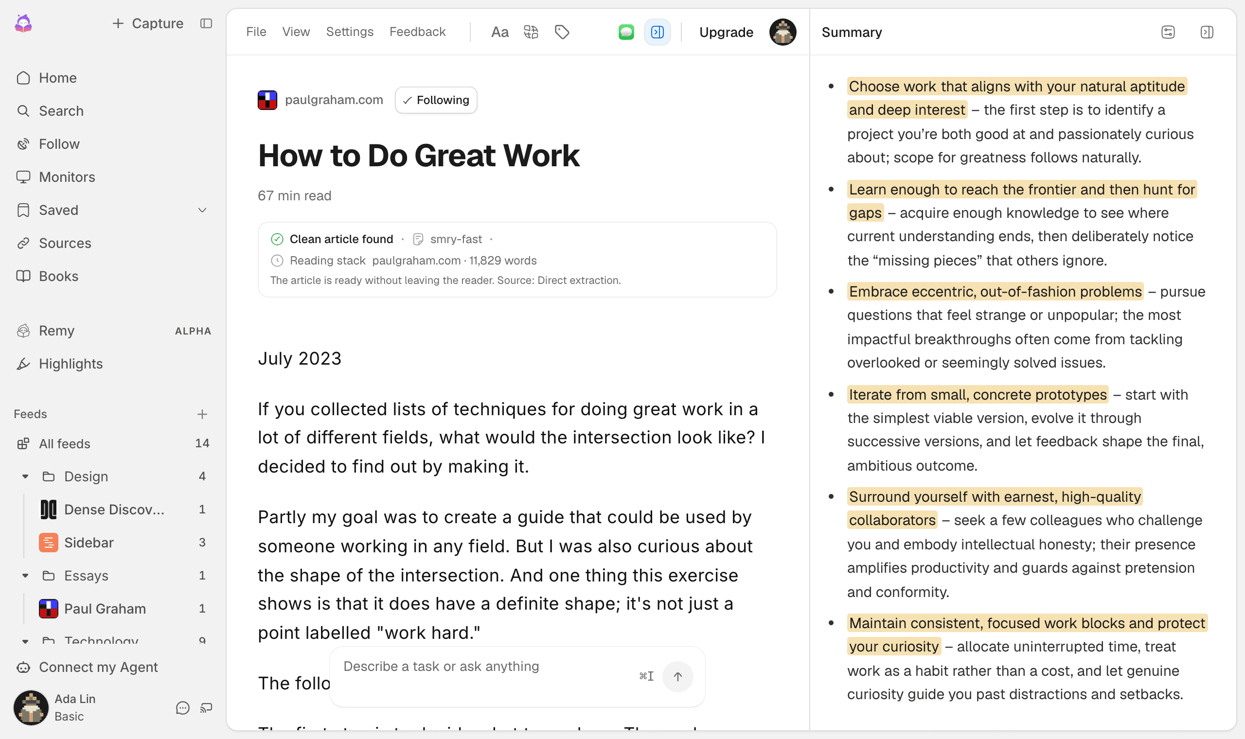 The smry reader with the essay How to Do Great Work opened as clean text, next to a summary panel whose key points are highlighted in the article.